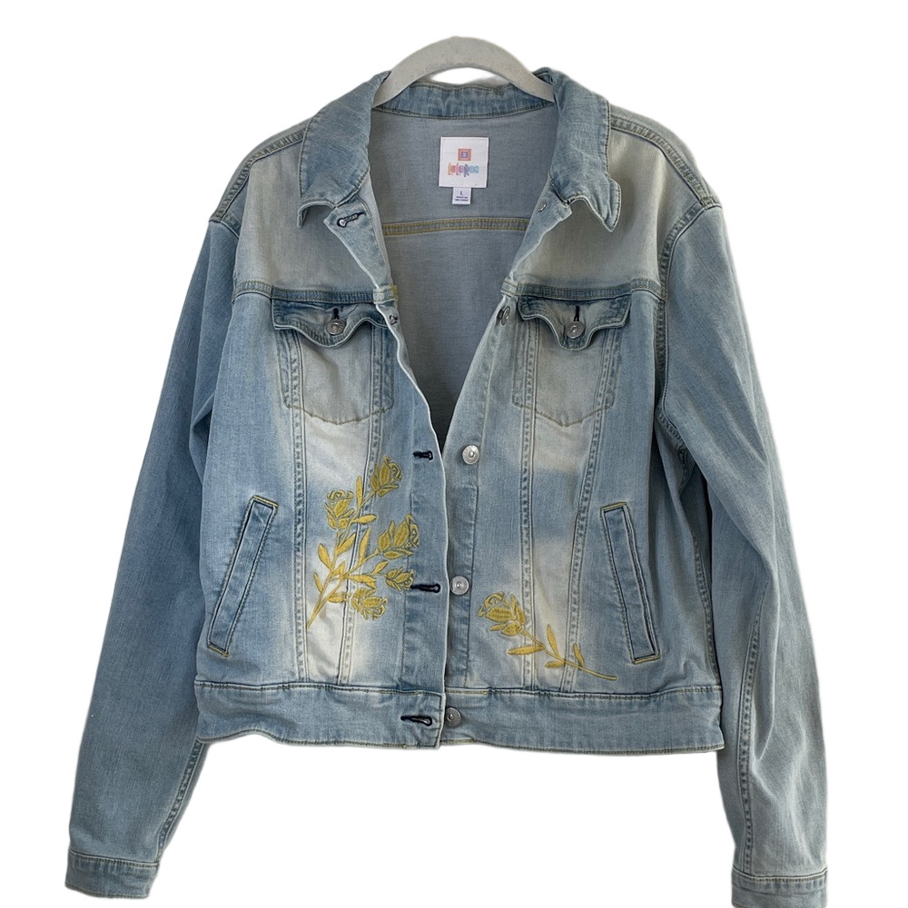 LuLaRoe Light Blue Denim Jacket with Yellow Rose Embroidery Size Large